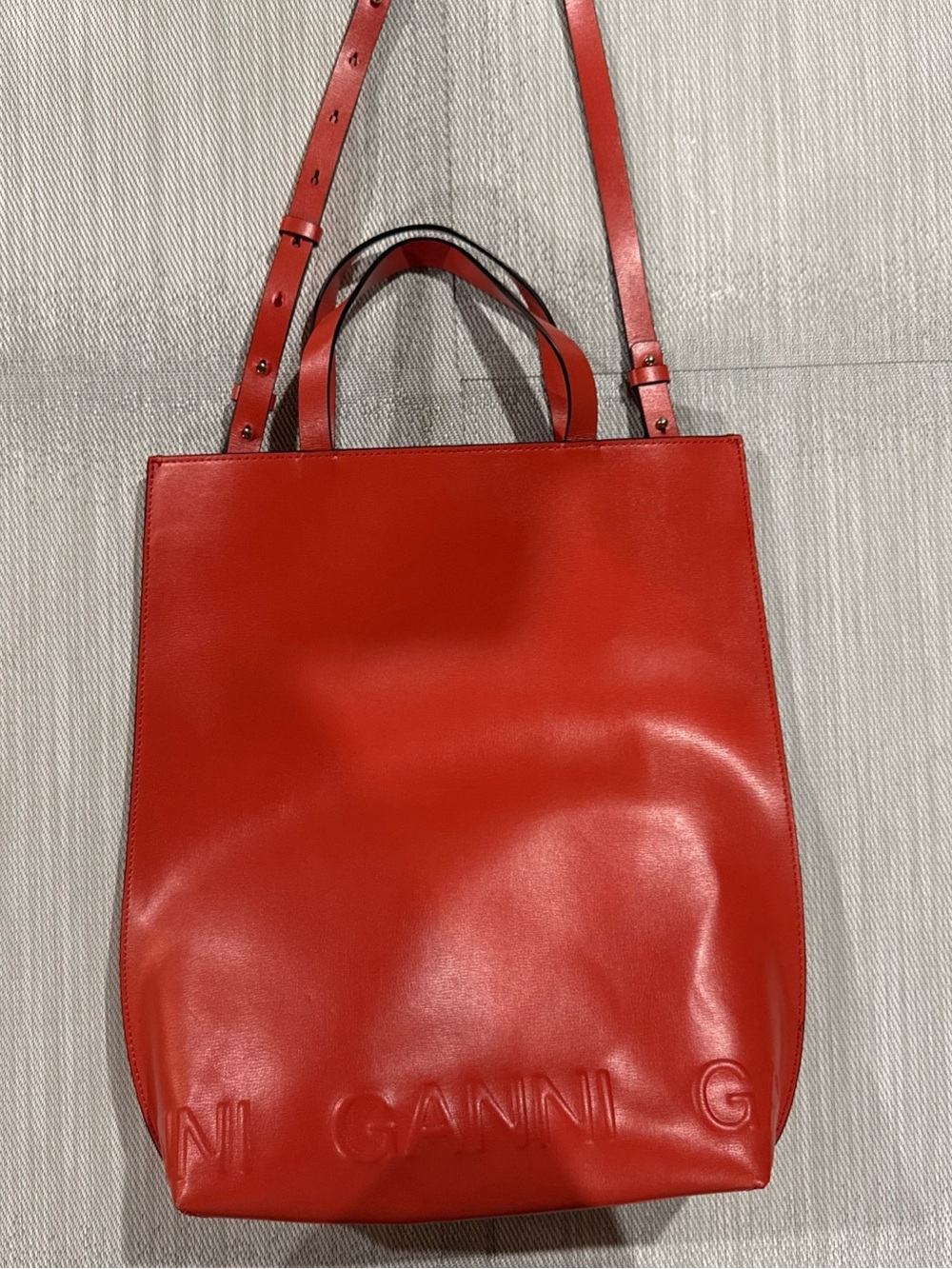 Ganni Red Leather Tote with Adjustable Strap